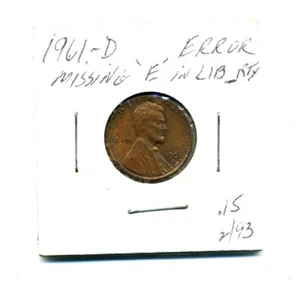 1961-D Lincoln Memorial Penny with Error - Missing "E" In "Liberty" - Picture 1 of 2