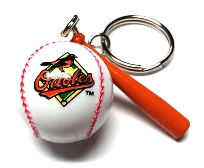 BALTIMORE ORIOLES KEYCHAIN BALL & BAT 1" ROUND BALL LICENSED NEW MLB CHARM PULL - Image 1 of 2
