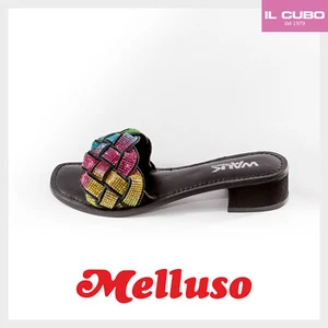 SANDALO SCALZATO DONNA CAMOSCIO INTRECCIO MULTI CON STRASS H 3 CM MARCA MELLUSO