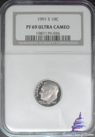 1991-S Roosevelt 10 Cents NGC PR 69 DCAM Cover
