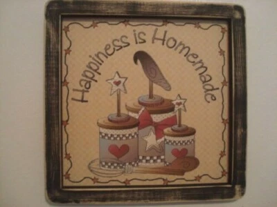 Primitive Country Print **HAPPINESS IS HOMEMADE** in black frame 9" x 9 1/2"  - Image 1 of 3