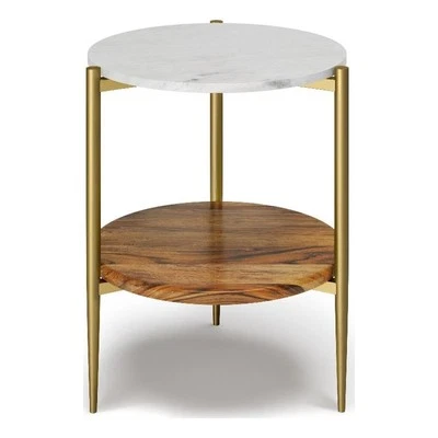 Mesa auxiliar redonda de metal de mármol y madera Wagner de 18 pulgadas de ancho en blanco/natural Foto 1 de 4