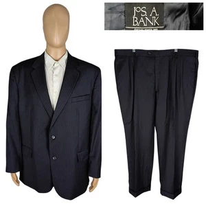 Jos A Bank Executive Two Piece Navy Blue Twill Red Stripe Wool Suit 48R 43X29.5 - Picture 1 of 15