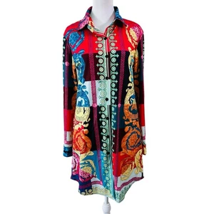 VINTAGE Damen Barock Print Top S Versace Style Knopfleiste Langarm laut - Bild 1 von 13