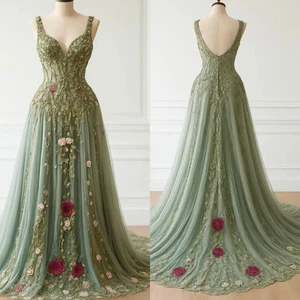 Vestidos de novia verde salvia florales bordados con tren línea A - Imagen 1 de 9