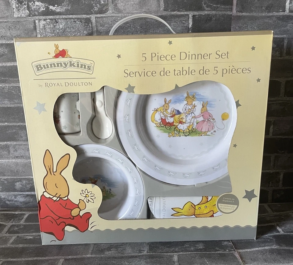 Bunnykins Royal Doulton 5 Piece Dinner Set Plate Bowl Spoon Sipper Bib 2008 New - image 1 of 4