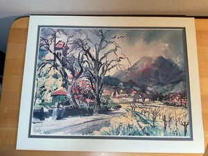 Impresión en acuarela Cecile Johnson - Firmado - Árbol Village Mountains - Imagen 1 de 10