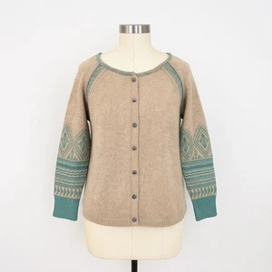 Sundance Cardigan Sweater Womens Large Beige Teal Lambswool Blend Geometric - Picture 1 of 8