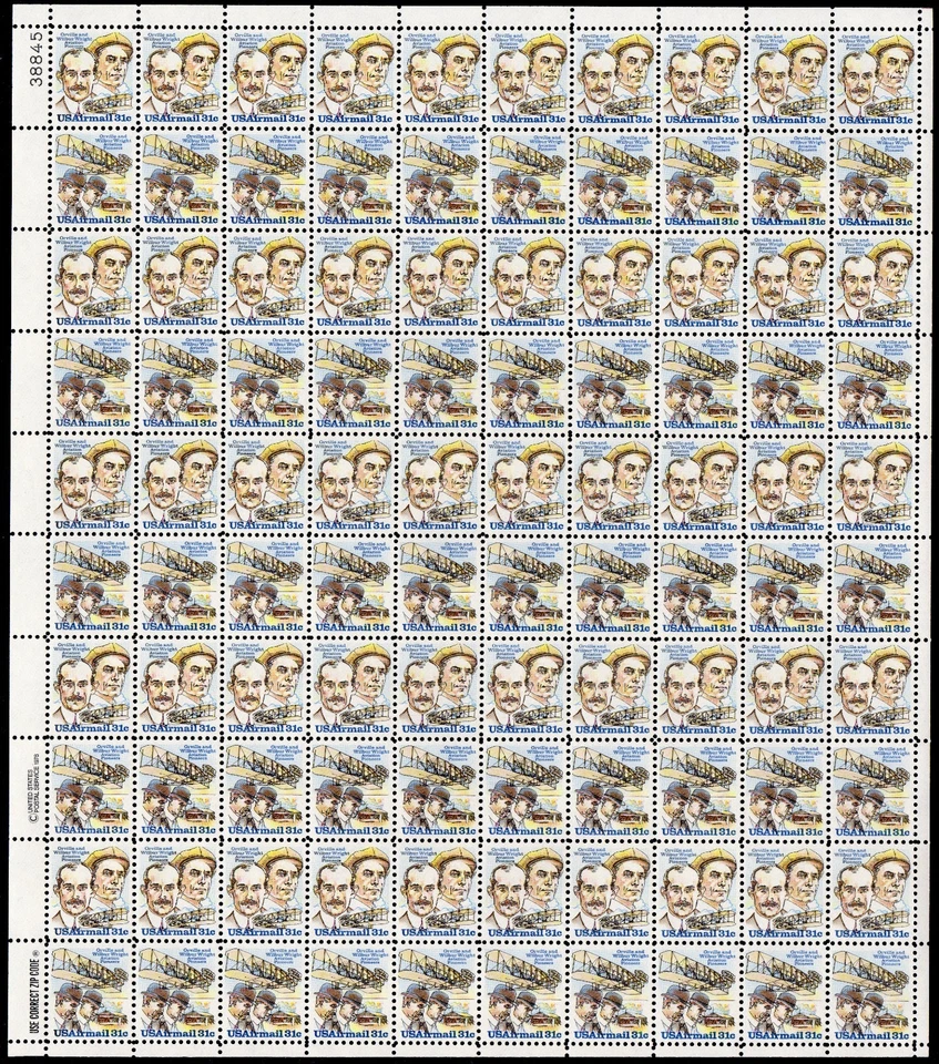 Scott #c92a (c91) Wright Brothers AirMail Sheet of 100 Stamps - MNH P#38845 UL - Image 1 of 1