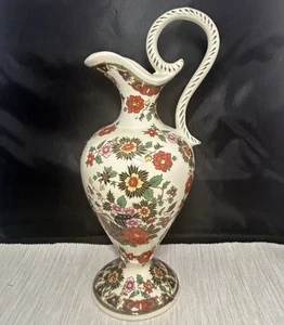 Hubert Bequet Vase Ewer Ceramic Hand-made & Hand-painted Floral Design 11.5” - Picture 1 of 5