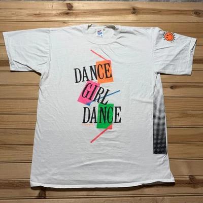 Vintage 90s Dance Girl Dance Happy Camper Neon USA Made Single Stitch Shirt - XL - Image 1 of 4
