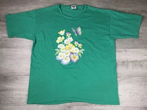 Vintage 80s T Shirt Butterflies Flowers Green Air Waves Made USA Womens XL - Picture 1 of 12