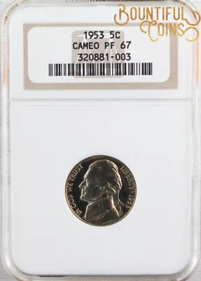 ~1953 NGC PF 67 Cameo Jefferson Nickel 5C Proof 67 PR Five Cents Coin (U32)~ - Image 1 of 4