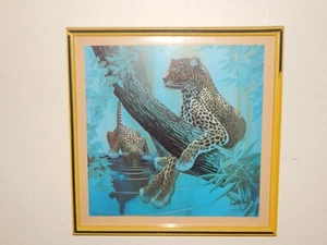 MCM 1960's August Holland "Cheetahs At The Watering Hole” Framed Print 19" x 19" - Picture 1 of 16