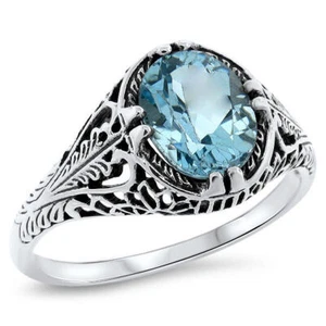 2 CT GENUINE BLUE TOPAZ CLASSIC ART DECO STYLE 925 STERLING SILVER RING     691X - Picture 1 of 4