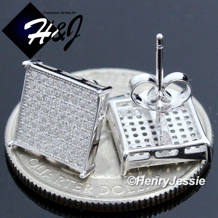 MEN 925 STERLING SILVER ICY BLING CZ 10MM SQUARE PUSH BACK 3D STUD EARRING*SE29 - Image 1 of 3