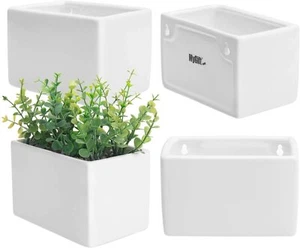 White Modern Ceramic Square Wall Hanging Succulent & Herb Planter Box, Set of 4 - Picture 1 of 12