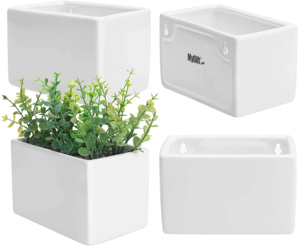 White Modern Ceramic Square Wall Hanging Succulent & Herb Planter Box, Set of 4 - Image 1 of 4