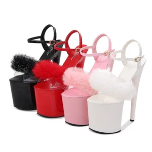 NEW SEXY 7.9” HIGH HEEL STILETTO ROUND TOE FUR BUCKLE POLE DANCER STRIPPER SHOES - Bild 1 von 10