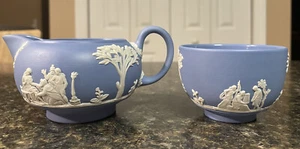 Vintage Set of 2 WEDGWOOD Blue Jasperware Creamer and Sugar Bowl - Picture 1 of 11
