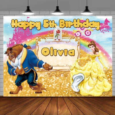 Banner de cumpleaños personalizado personalizado de La Bella y la Bestia telón de fondo suministros de fiesta Foto 1 de 4