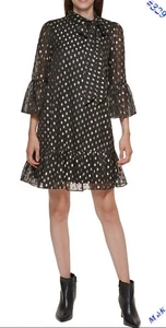 Calvin Klein Women's 10 Black Shift Dress Polka Dot Gold Party Holiday Christmas - Picture 1 of 15