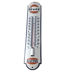Vintage Gulf Racing Sign - Gas Service Pump Ad Sign on Porcelain Thermometer - Picture 1 of 15