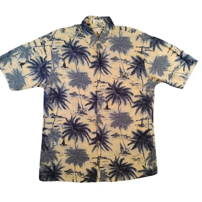 Vintage Pierre Cardin Shirt Mens Medium Yellow Rayon Hawaiian Palm Trees 90s - Image 1 of 4