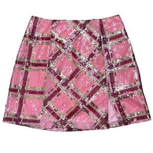 Urban Outfitters Kiki Sequin Plaid Mini Skirt Pink Gold Sparkle Party Rave S - Picture 1 of 12