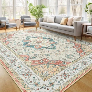 Vintage Washable Area Rug, 4x6 Brick Floral Medallion Rugs for Living Room, U... - Picture 1 of 9
