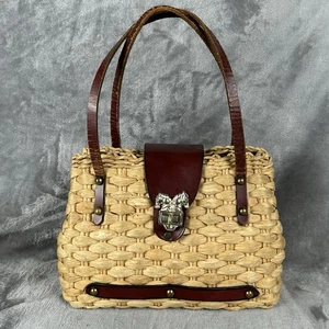 Vintage geflochtene Raffia Top Handle Handtasche Lederbesatz Pferd Drehverschluss - Bild 1 von 12