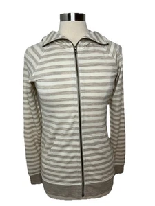 ICEBREAKER Merino Wool Full Zip Crush Hoodie Size S Ivory/Beige Stripe Read - Picture 1 of 12