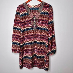 Miami buntes Boho besticktes Etuikleid Gr. L Puffärmel V-Ausschnitt - Bild 1 von 12