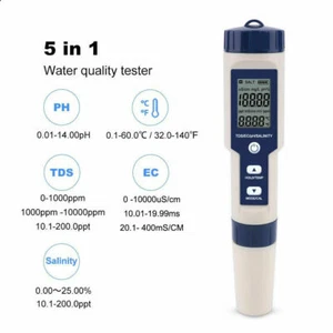 New 5In1 Digital Water Quality Tester Pen EC PH TDS Salinity Temp Meter Detector - Picture 1 of 9