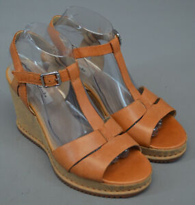 Clarks Narrative Tan Leather Platform Wedge Sandals Size UK 6 Wide Fit