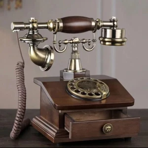 Téléphone fixe style ancien vintage à roulette en bois avec tiroir - Zdjęcie 1 z 5