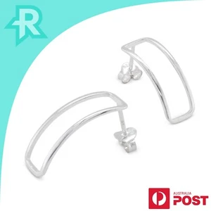 Curved Linear Openwork Rectangle Sterling Silver 925 Stud Earrings - Picture 1 of 7
