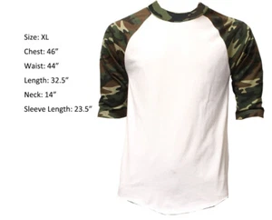 New 3/4 Sleeve Raglan Baseball Mens Army Sports T-Shirt White Green Camo XL - Picture 1 of 2