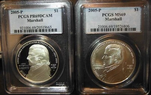 #2 PCGS SILVER Dollars 2005P Marshall PR69DCAM + 2005P MS69 BU Proof Set Lot $2 - Picture 1 of 2