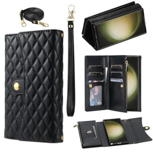 Strap Flip Grid Leather Wallet Purse Phone Case For iPhone Google Pixel Samsung - Picture 1 of 26