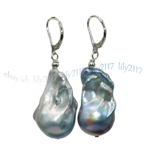 16-29MM NATURAL SILVER GRAY BAROQUE KESHI PEARL DANGLE 14K WHITE GOLD EARRINGS - Picture 1 of 4