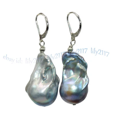 16-29 毫米天然银色灰色巴洛克克西珍珠吊坠 14K 白金耳环 — 第 1/4 张图片