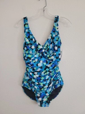 NWT Maxine Of Hollywood Women One Piece Swimsuit Torquoise Dots Rusching Size 6 - Image 1 of 4