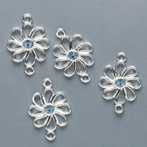 4 Silver Plated Pewter Flower Links Made with Swarovski Aquamarine Crystals * - Picture 1 of 1
