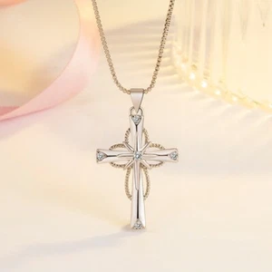 Wunderschöner Kristall Kreuz Anhänger Halskette 925 Sterling Silber Damen Mädchen Schmuck - Bild 1 von 8