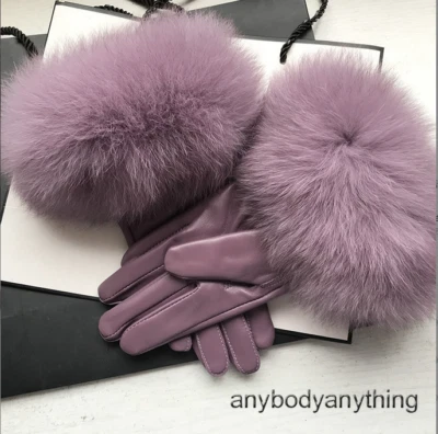 Guantes de cuero genuino de piel de cordero para mujer con puño de piel de zorro real cálidos de invierno Foto 1 de 4