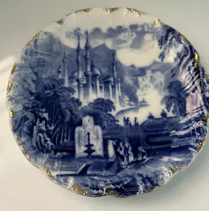Antique Flo Blue Plate Decorated European Scene & Gilding To Edge Circa 1870 - Bild 1 von 7
