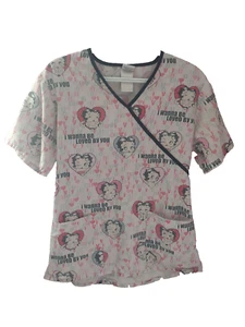 Betty Boop Pink Cartoon Graphic Scrub Top Medical Uniform V-Neck Women's S - Picture 1 of 9