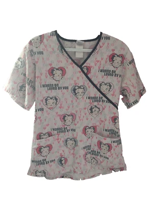 Betty Boop Pink Cartoon Graphic Scrub Top Medical Uniform V-Neck Women's S - Image 1 of 4