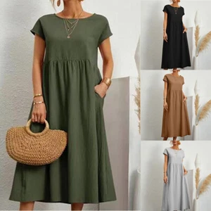 Abito donna midi a pieghe lino cotone casual swing estivo donna vacanze - Foto 1 di 26